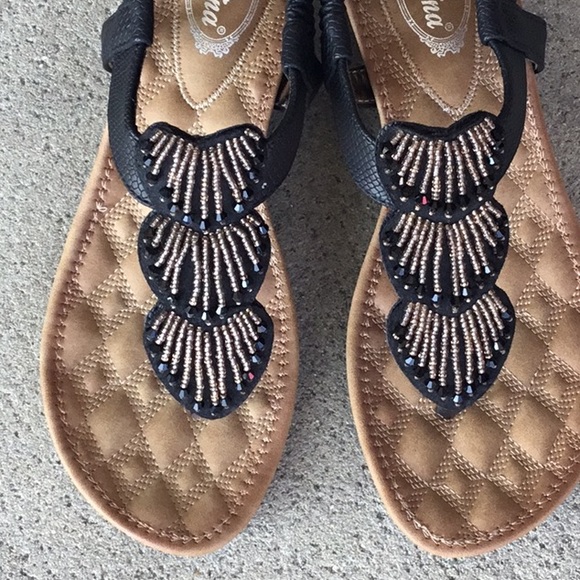 1 left! Black low COMFORT WEDGE sandal w/ bling - Picture 2 of 5